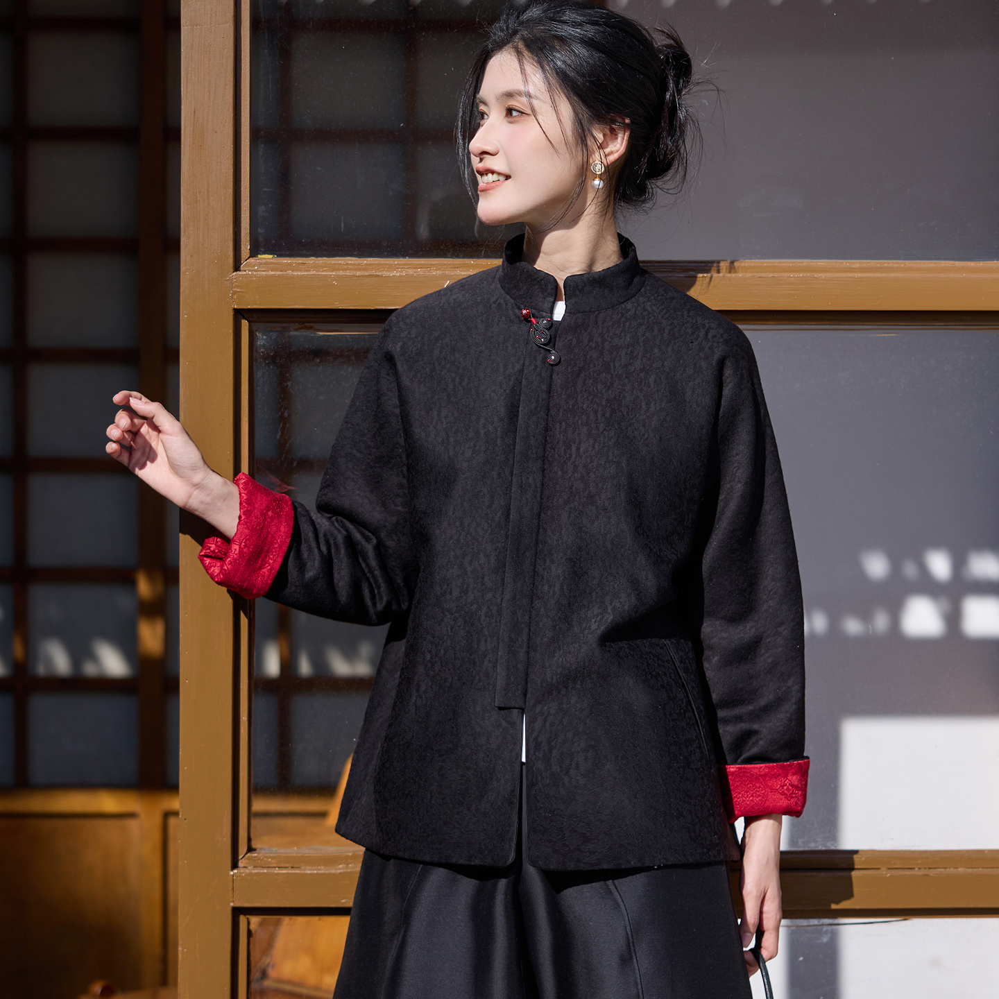 菲伊唐真丝羊毛提花缎冬棉衣上衣