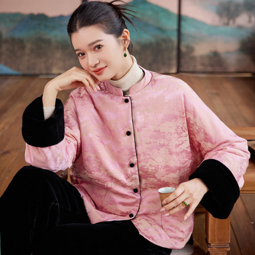 真丝绒两面穿中式复古棉衣女上衣