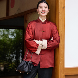 菲伊唐真丝素缎脏染冬棉衣女上衣新中式 女夹棉服外套 复古改良唐装