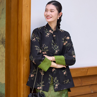 菲伊唐中式复古改良中国风真丝花萝红云纱秋季立领外套唐装女上衣