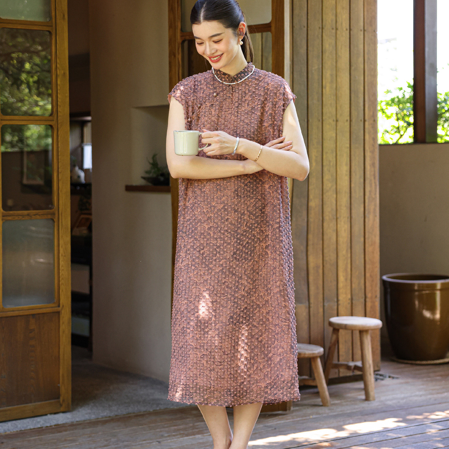 菲伊唐短袖真丝剪花绡立领连衣裙中式复古风斜襟薄女长款单旗袍裙