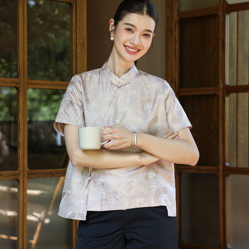 菲伊唐夏真丝织金宋锦小衫女上衣