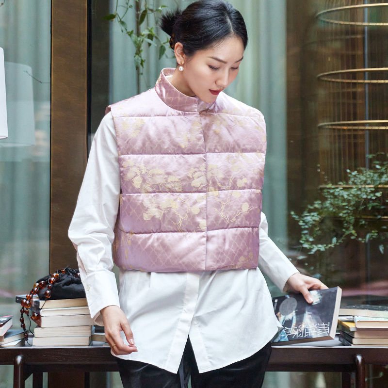 菲伊唐对襟复古短立领羽绒马甲女