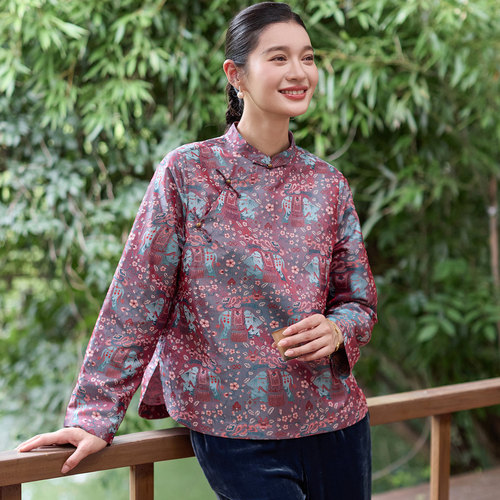 菲伊唐真丝蜀锦立领复古提花上衣