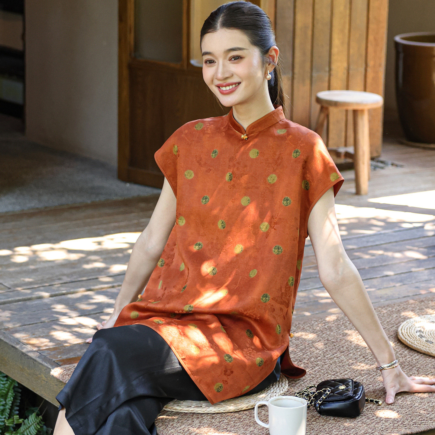 菲伊唐夏立领套头女单旗袍真丝红云纱花罗中式复古中长款旗袍上衣