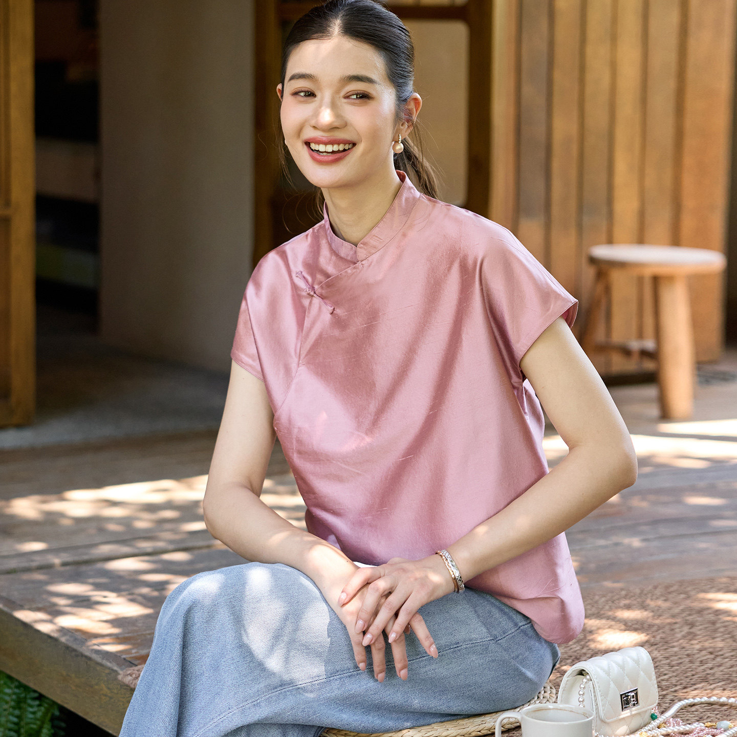 菲伊唐真丝双宫夏短袖盘扣国风中式复古改良立领短旗袍气质女上衣