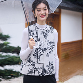 菲伊唐中式 马夹女上衣 复古改良提花面料斜襟百搭圆领偏襟宽松冬装