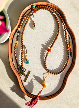 菲伊唐新中式香云纱串珠手工布艺配饰多款国风金丝楠木手机链项链