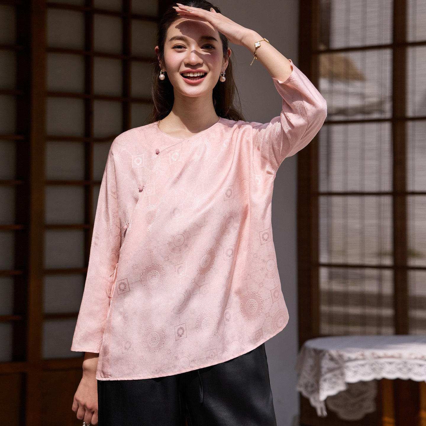 菲伊唐真丝榨蚕丝圆领上衣女春季中式复古文艺改良女宽松旗袍唐装