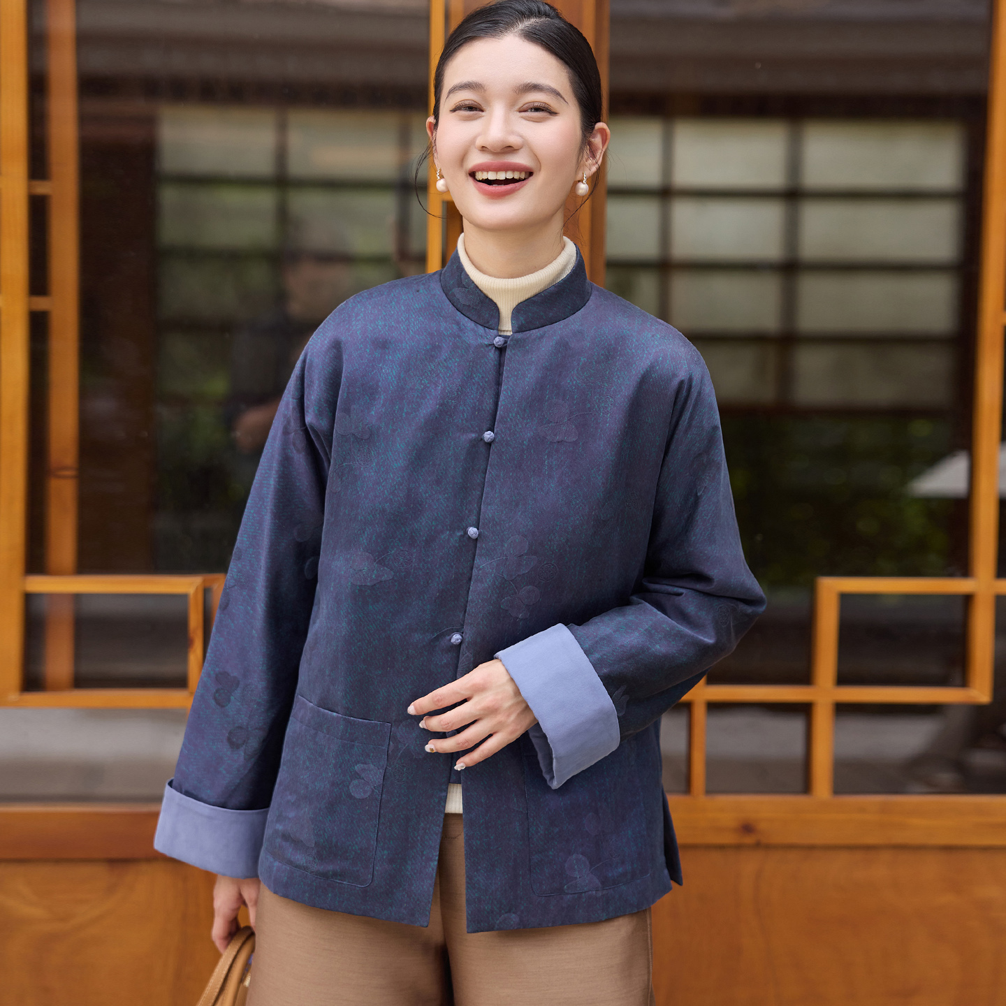 菲伊唐真丝小重缎红云纱棉衣上衣