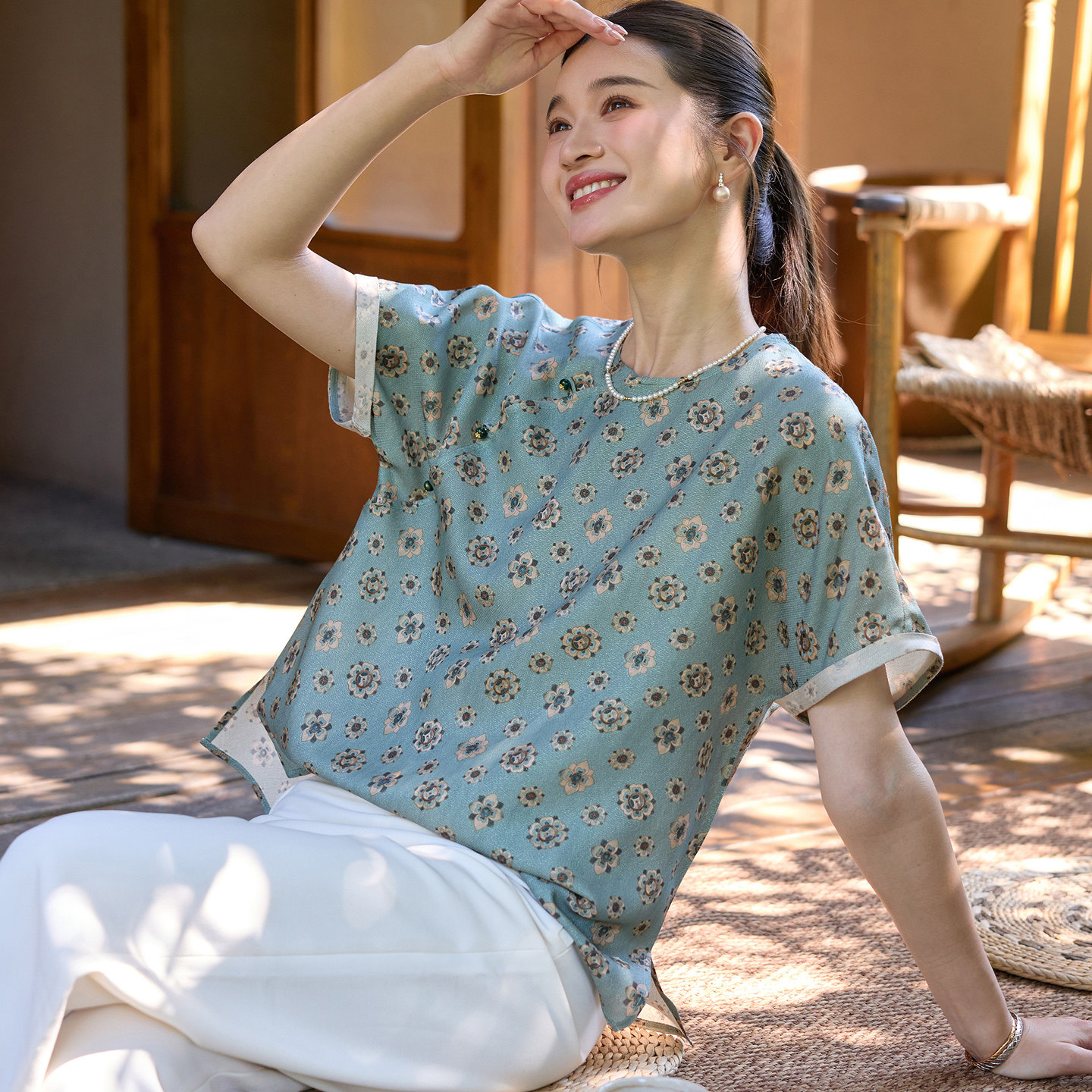 菲伊唐真丝花萝夏季衬衫夏新中式复古圆领衬衣斜襟唐装女短袖上衣