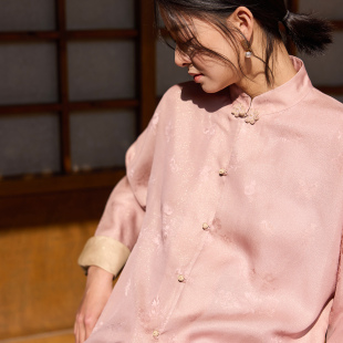 菲伊唐真丝织金花萝双色春女上衣新中式 复古对襟改良立领显瘦衬衫