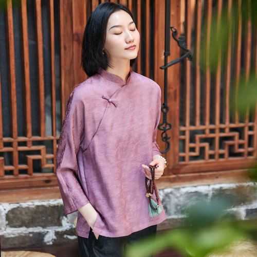 真丝花罗红云纱提花夏唐装女上衣