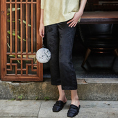 宽松八分裤 黑色真丝交织提花缎百搭中式 夏季 直筒裤 子女 复古休闲裤