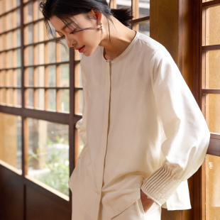 短上衣女内搭打底衬衫 菲伊唐春真丝双宫衬衣新中式 复古改良泡泡袖