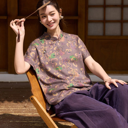 菲伊唐真丝绞罗香云纱夏短袖衬衫