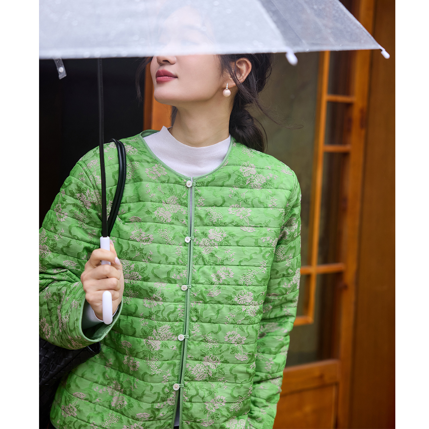 菲伊唐真丝提花中式圆领棉服外套