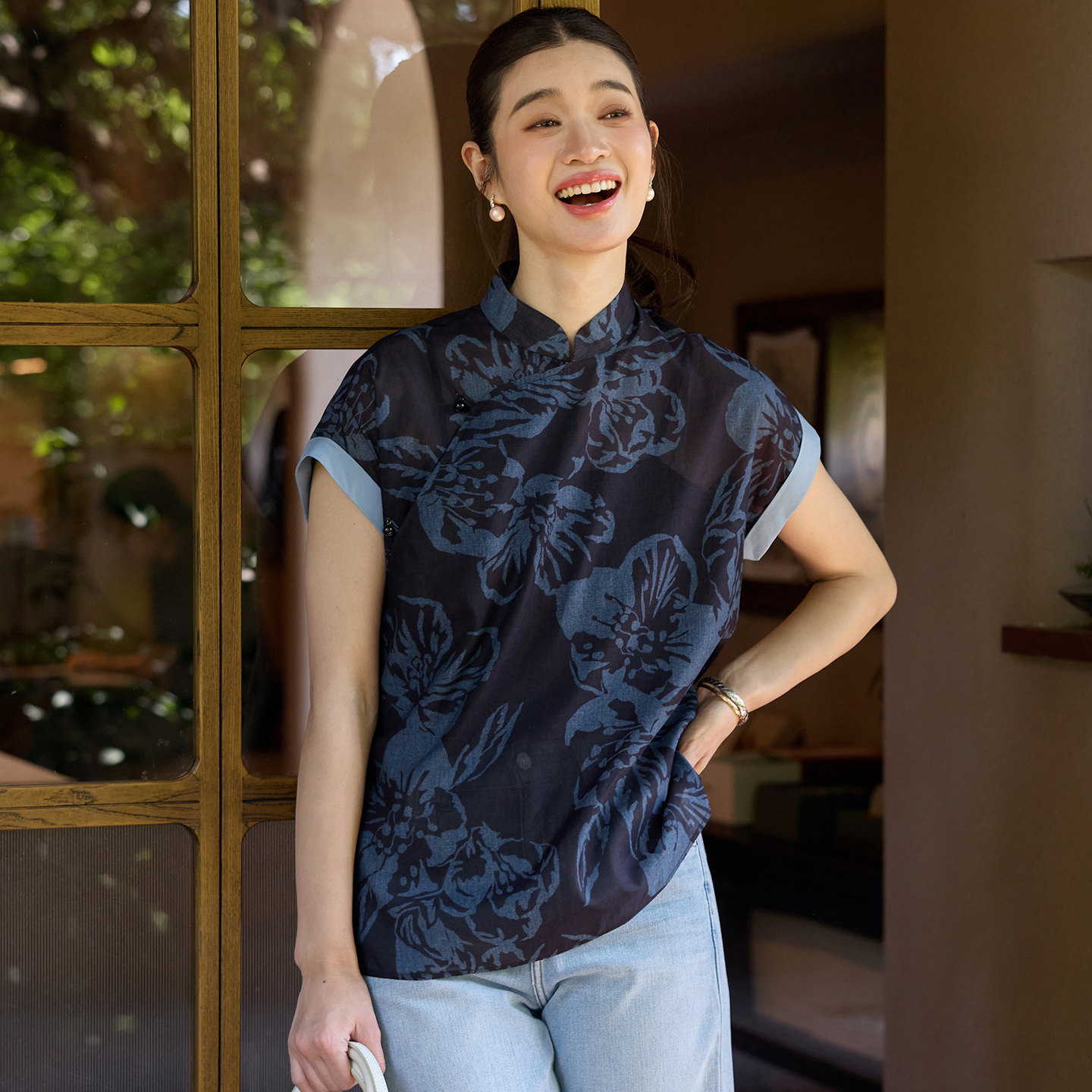 菲伊唐真丝棉印花夏短袖中国风中式复古改良立领唐装短旗袍女上衣