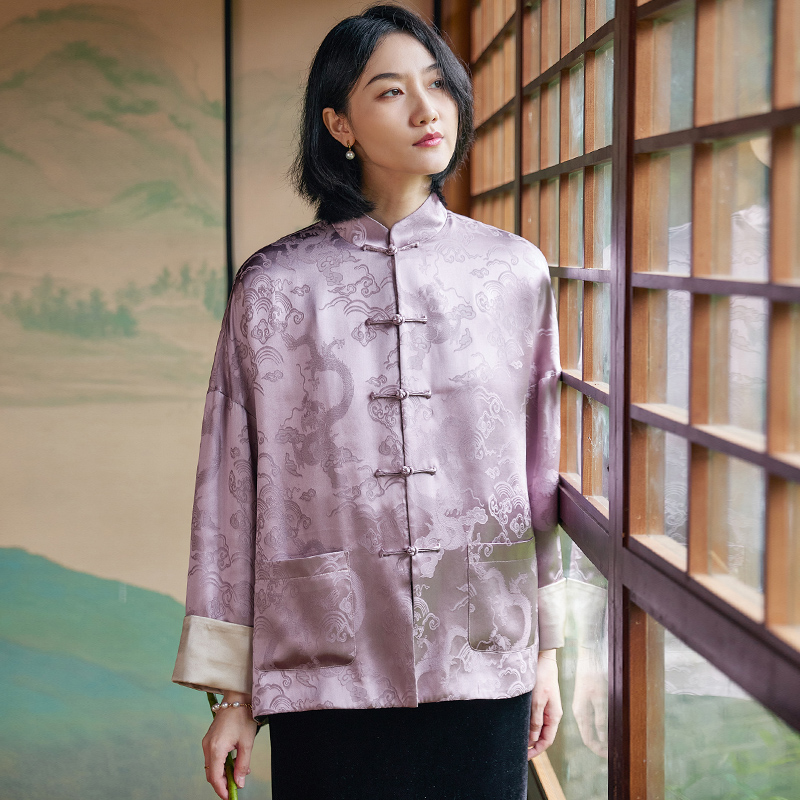 菲伊唐秋季真丝提花缎唐装女上衣