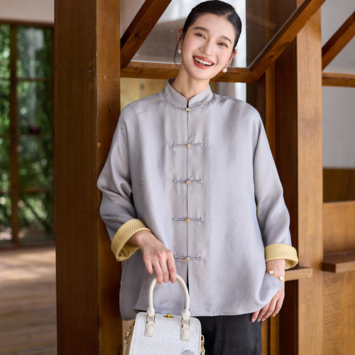 菲伊唐真丝提花缎立领衬衫唐上衣