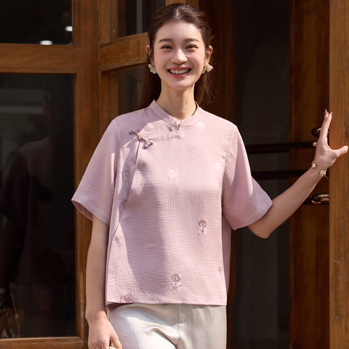 菲伊唐真丝提花夏中式气质女上衣