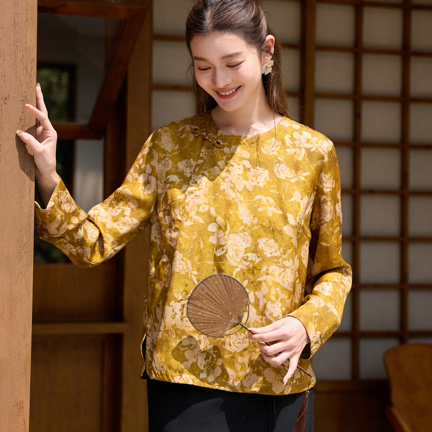 菲伊唐新中式复古改良衬衫国风真丝花萝印花斜襟圆领外套春女上衣