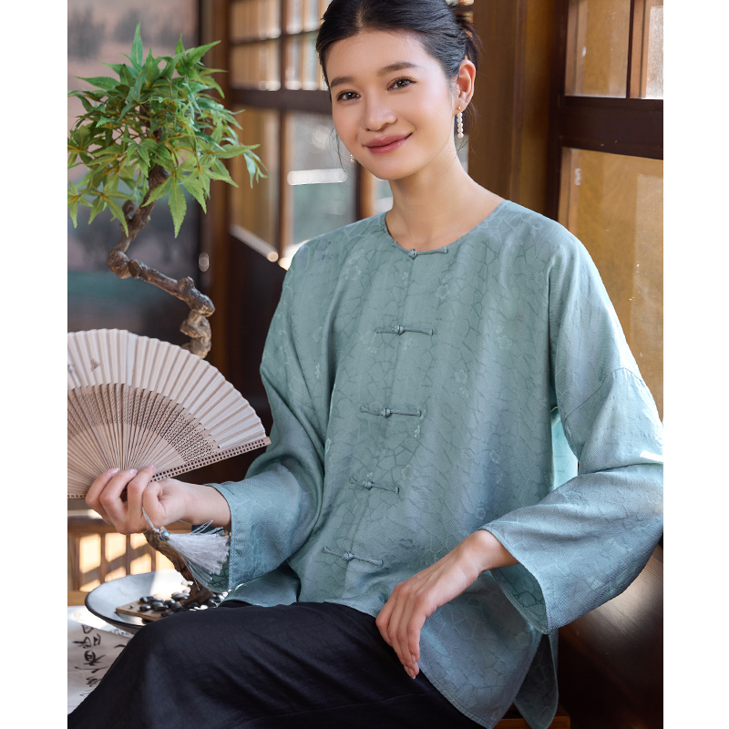 新中式文艺复古改良中国风真丝萝提花对襟盘扣圆领外套唐装女上衣