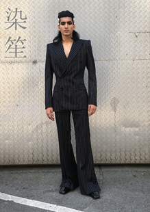 塔士多戗驳领英伦超修身条纹套装马甲三件套商务羊毛西服定制男装