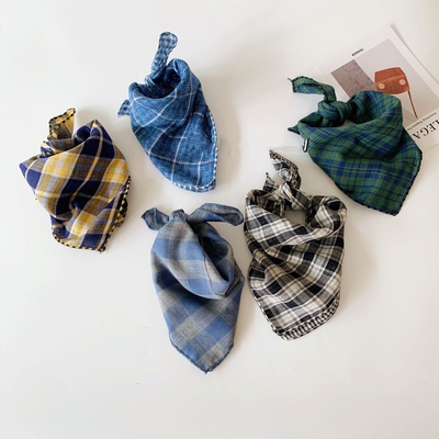 韩版儿童格子小方巾双面用宝宝小领巾男女宝宝棉麻小围巾口水巾潮