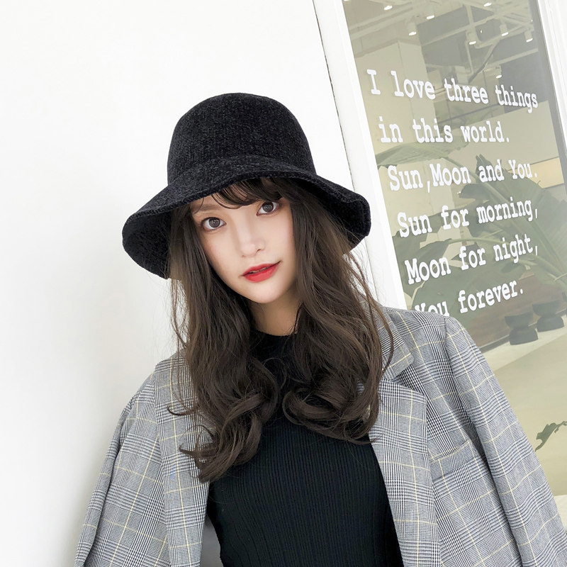 雪尼尔渔夫帽女日系文艺百搭毛线帽子女潮秋冬盆帽韩国chic针织帽