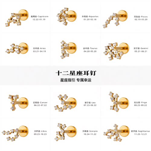 钛合金耳钉十二星座耳饰