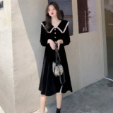 现货2021秋冬赫本风娃娃领小黑裙子女大翻领黑色金丝绒连，女装连衣裙，潮品会