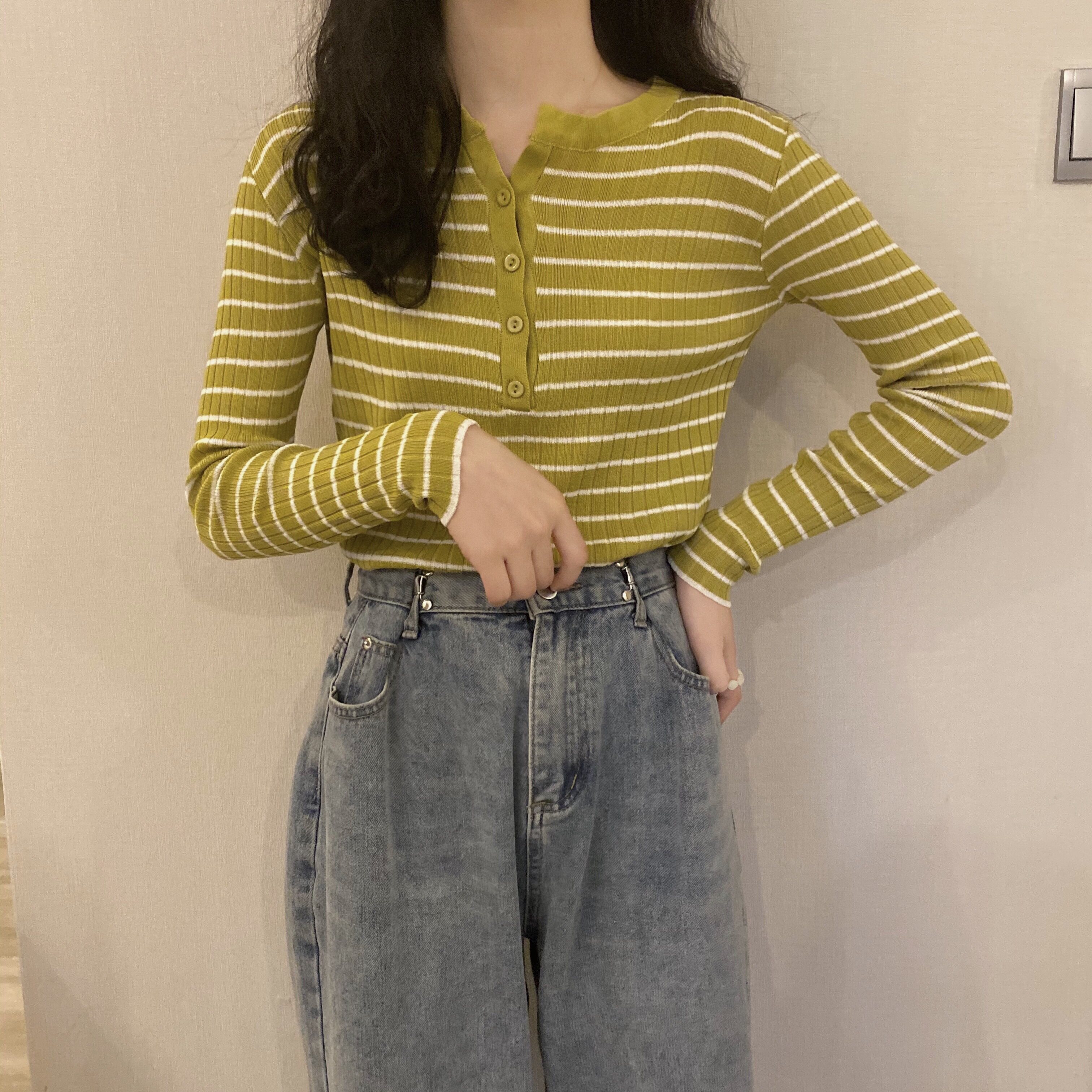 价早秋韩版条纹纽扣针织毛衣女打底外穿显瘦修身针织衫,针织衫/毛衣,潮品会