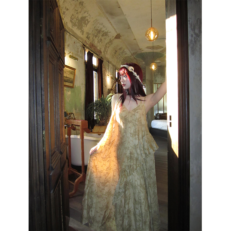 竹叶天丝麻棉吊带连衣裙