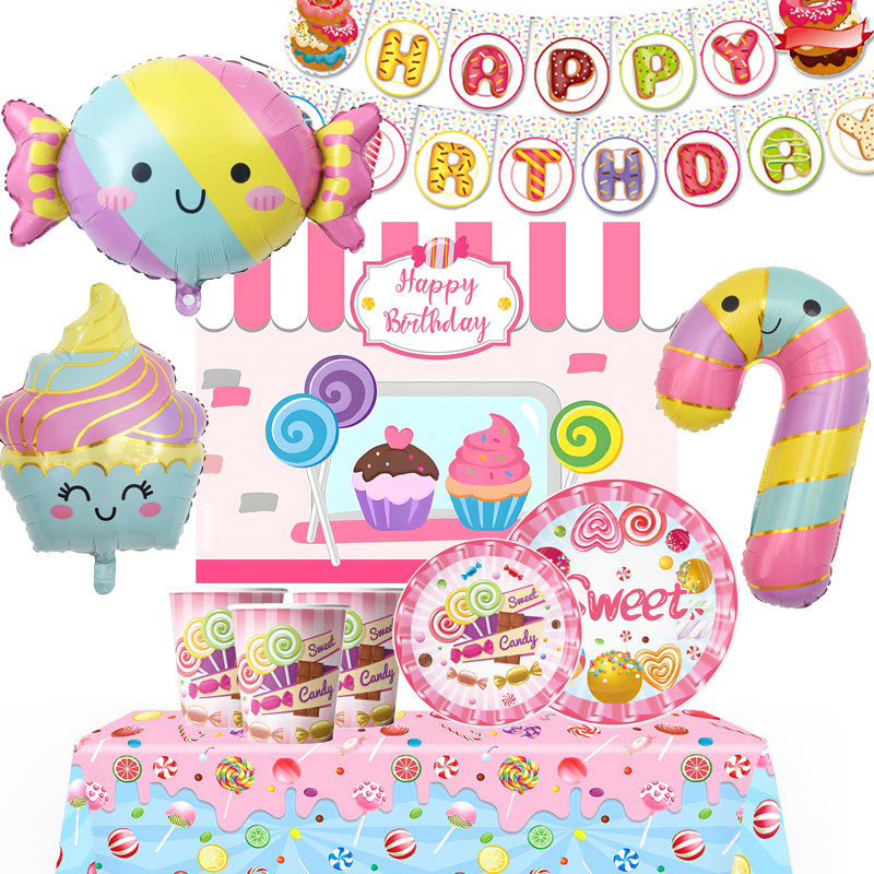 甜品主题甜甜的糖果生日派对用品宴会学校装饰甜甜圈棒棒糖餐具