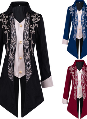 英伦宫廷丝绒燕尾服假两件撞色拼接西装男中长款刺绣大衣国王礼服