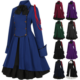 英伦风宫廷蝴蝶结礼服双排扣连衣裙女复古荷叶边COS公主裙演出服