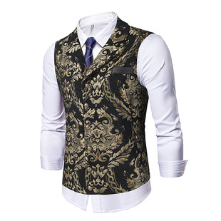 欧美复古哥特风提花马甲男痞帅休闲大码 领马夹演出服 金色刺绣西装