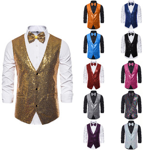 亮面领结马夹礼服潮 大码 夜店舞台闪亮亮片西装 马甲主持演出服男士