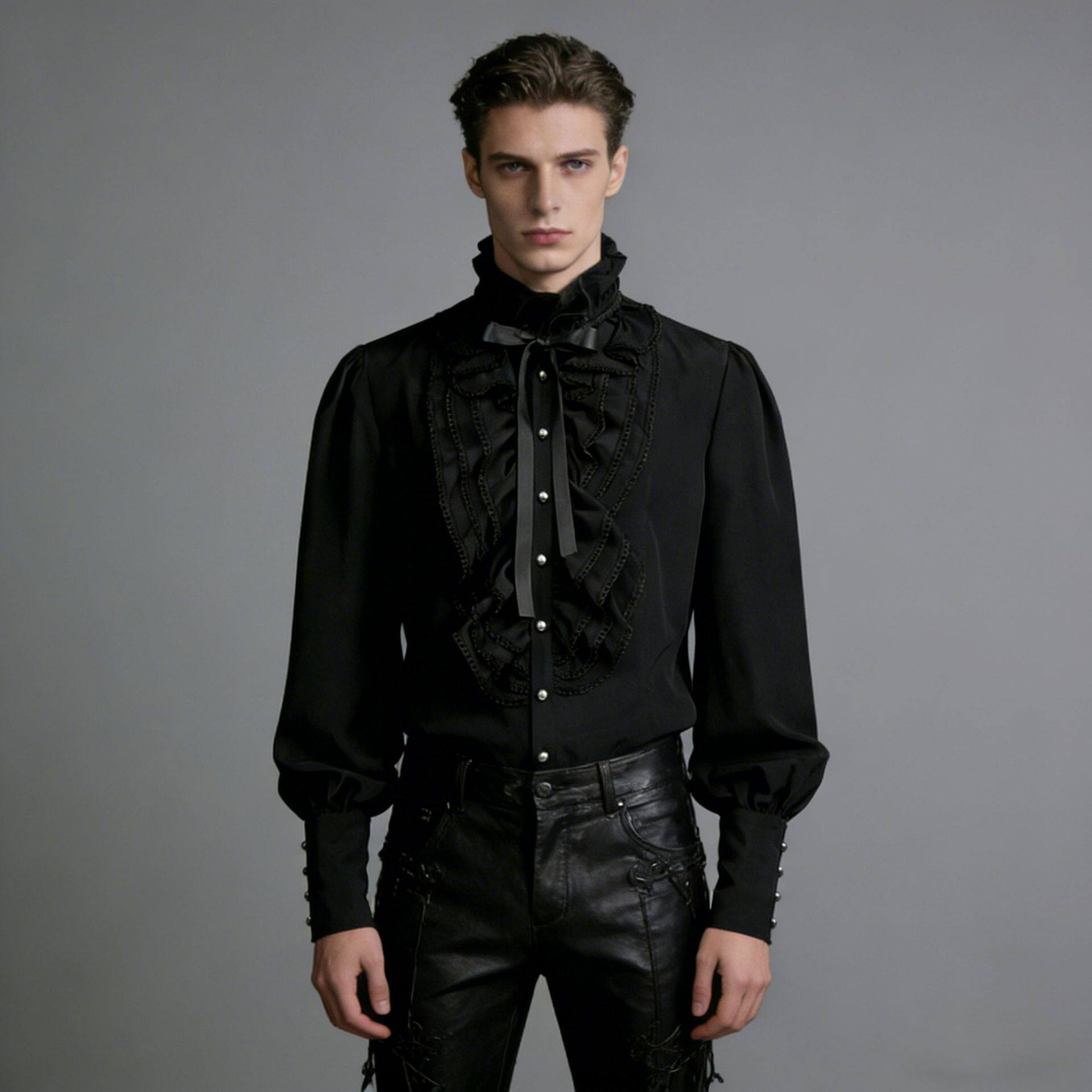 欧美暗黑哥特风荷叶边立领衬衫男宫廷复古礼服泡泡袖褶皱花边衬衣