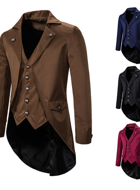 英伦宫廷燕尾服中长款西装男士休闲大码个性假两件西服主持演出服