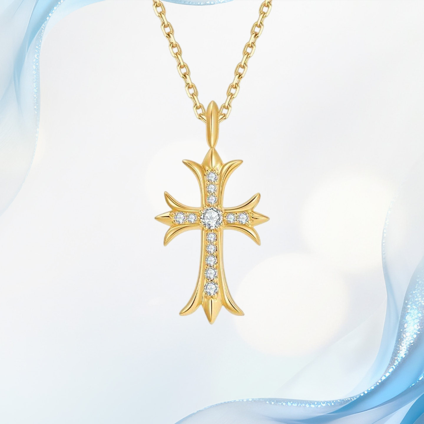 18K金天然真钻项链女钻经典十字架锁骨链复古朋克定制情人节礼物