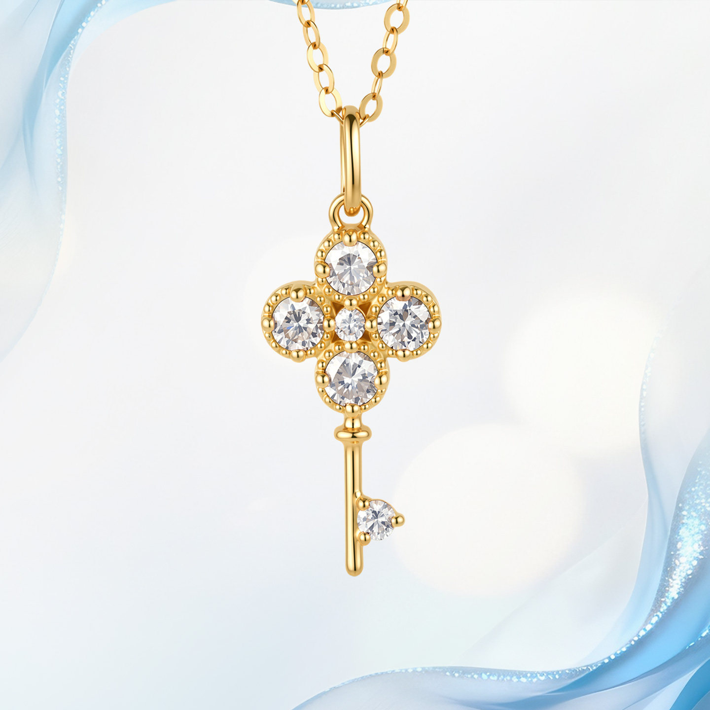 18K金天然真钻石项链女钥匙项链四叶草钥匙锁骨链情人节珠宝礼物
