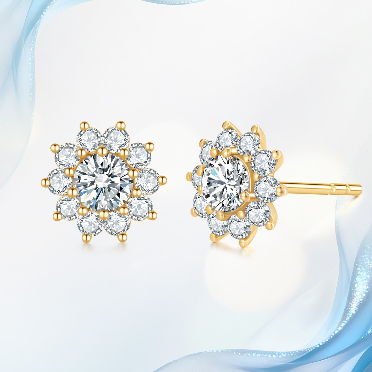 18K金天然真钻耳饰女1克拉太阳花耳钉养耳洞高级感定制情人节礼物