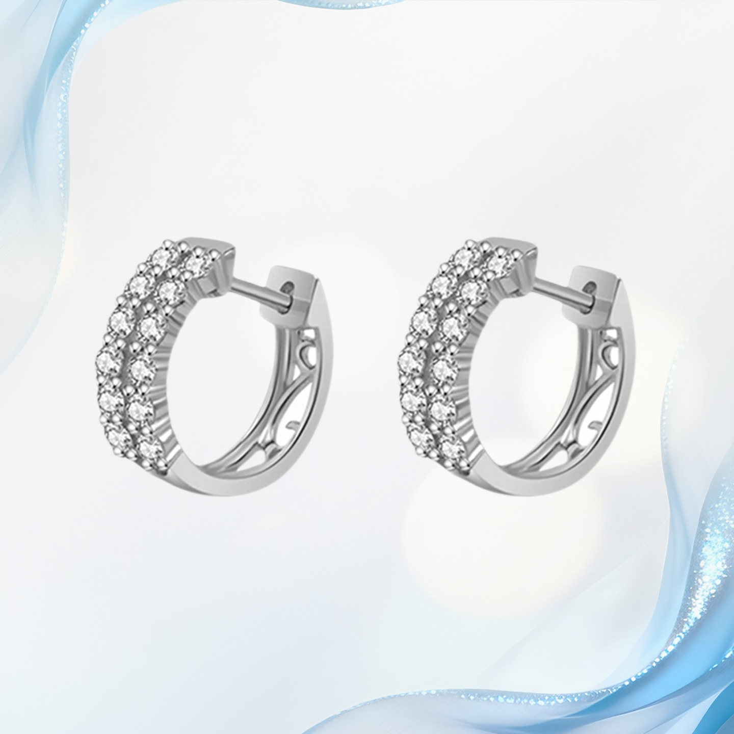 18K金天然真钻石女雪映流光款耳扣满钻双直排耳圈定制情人节礼物