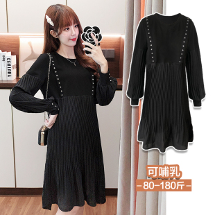 时尚 哺乳上衣网红套装 大码 孕妇装 款 2025新款 百褶连衣裙子秋季 秋装
