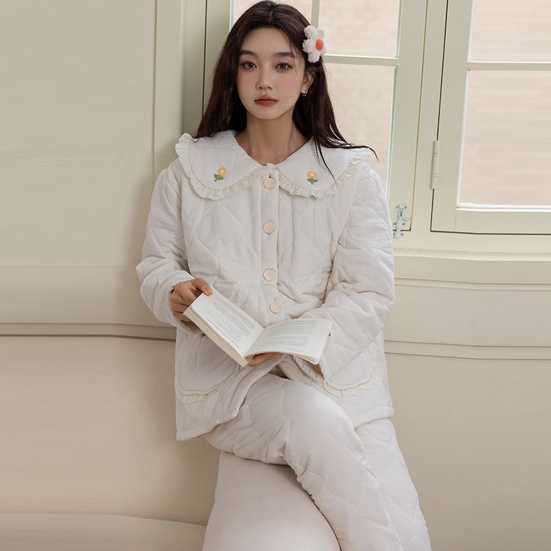 三层夹棉睡衣女秋冬季加厚娃娃领甜美套装空气棉夹层可外穿家居服