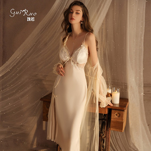 缎面蕾丝胸垫聚拢睡衣性感深V长款吊带裙外袍家居服套装2025新款