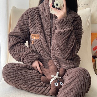 提花珊瑚绒拉链睡衣女士高领秋冬季加厚珊瑚绒学生纯色家居服套装