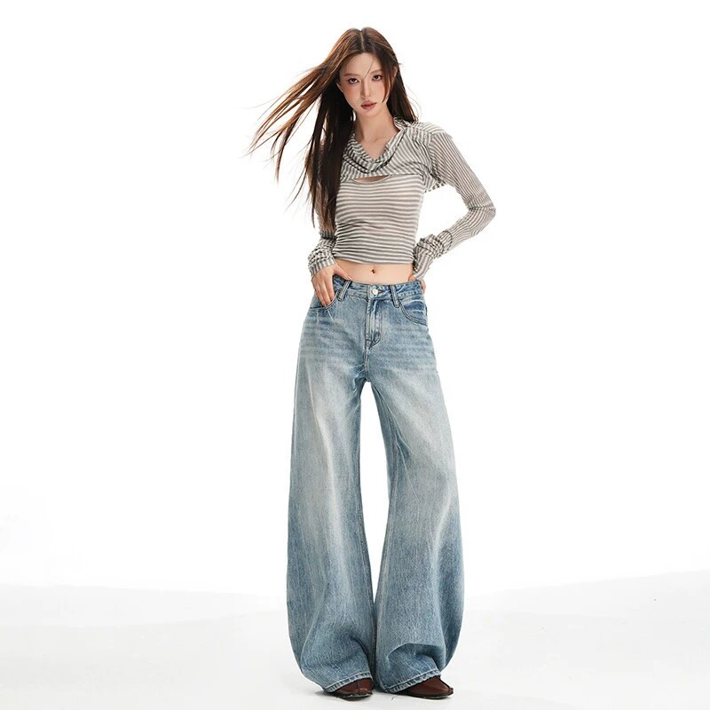 美式复古阔腿牛仔裤女2026春季新款高腰显瘦显高百搭拖地直筒裤子